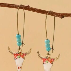 New Western Floral Bull Skull Cowgirl Turquoise Dangle Earrings